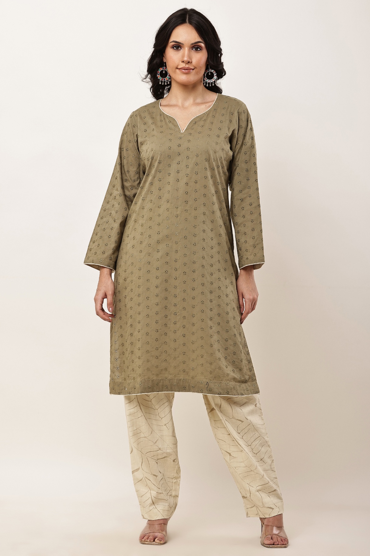 Olive Chikan Kurta Set